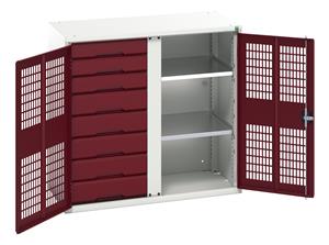 16926766.** verso ventilated door kitted cupboard with 2 shelves, 8 drawers & partition. WxDxH: 1050x550x1000mm. RAL 7035/5010 or selected